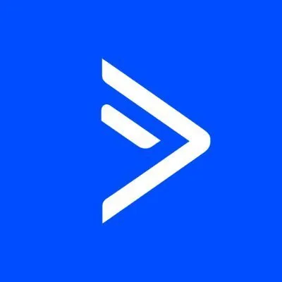 White right-pointing chevron or arrow symbol on a bright blue background, representing forward direction or next action.