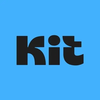 Black 'kit' text logo on bright blue background, minimalist geometric design
