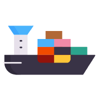 Illustration of a cargo ship with stacked colorful shipping containers in various colors including red, yellow, blue, and green on its deck, with a white crane or loading structure above.
