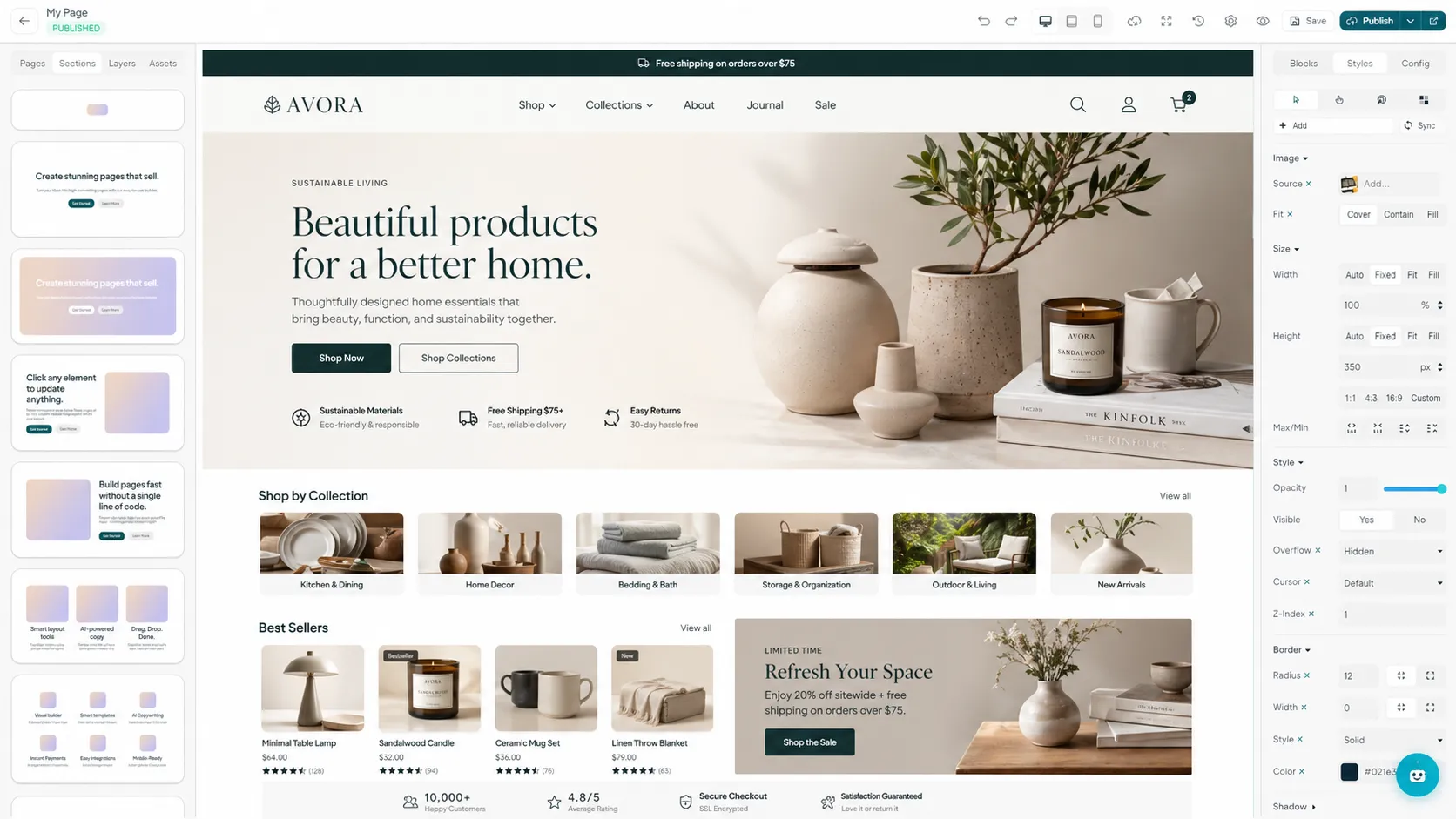 AVORA e-commerce website homepage showing sustainable home products including ceramic vessels, candles, and textiles with navigation menu, hero banner, product collections, and best sellers section.