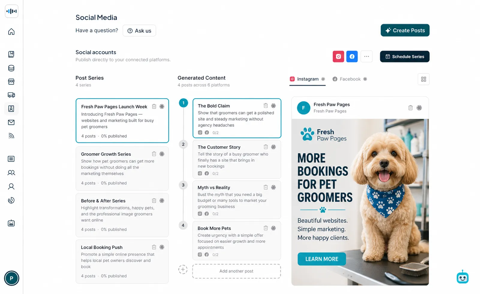Social media management dashboard showing post series and generated content for Fresh Paw Pages, a pet grooming marketing platform, with scheduled posts across Instagram and Facebook, and a preview of a promotional post featuring a dog with text abou