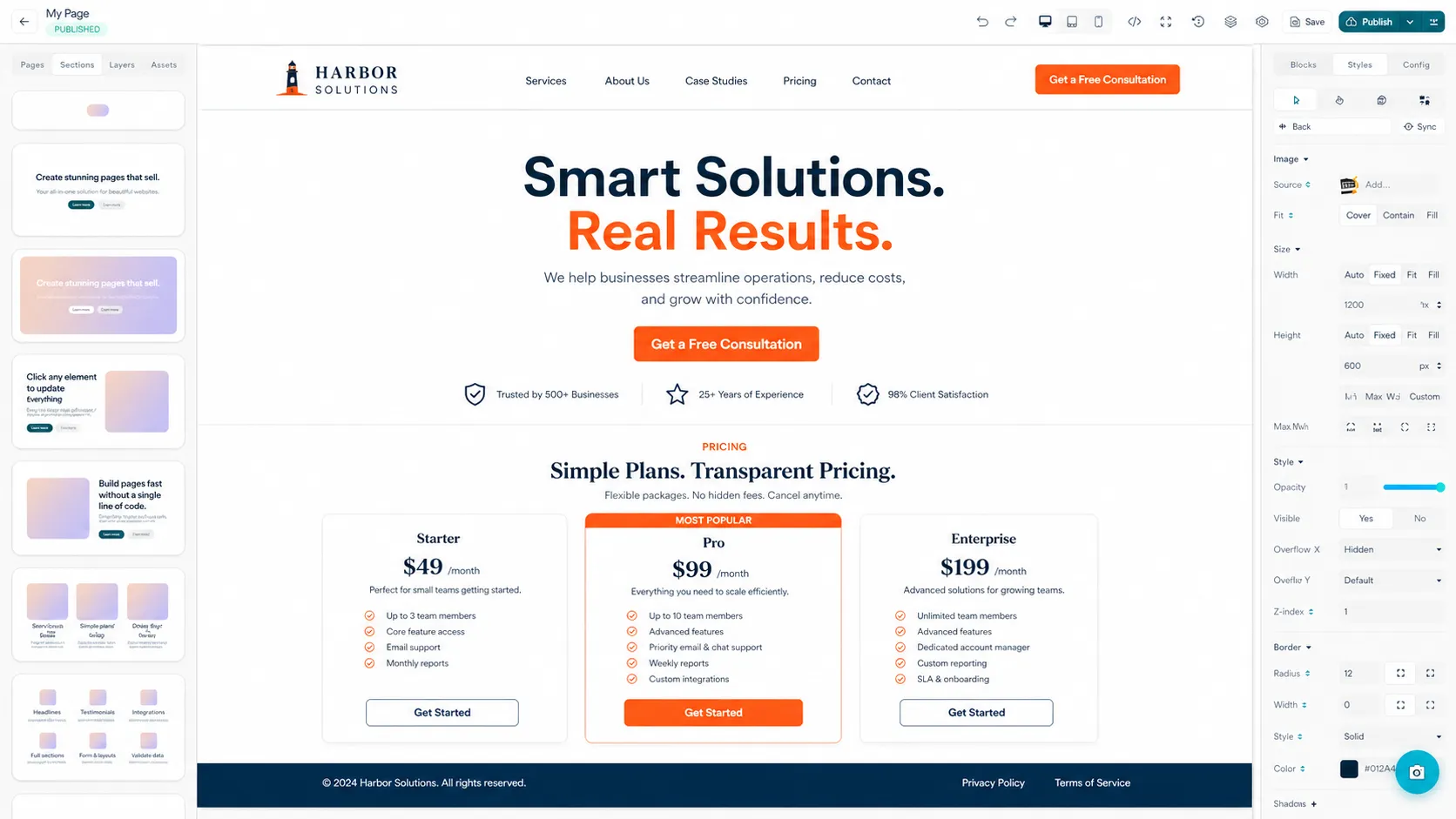 Harbor Solutions website homepage displaying business consulting services with pricing plans (Starter $49, Pro $99, Enterprise $199), navigation menu, hero section with tagline 'Smart Solutions. Real Results.' and trust badges showing 500+ businesses