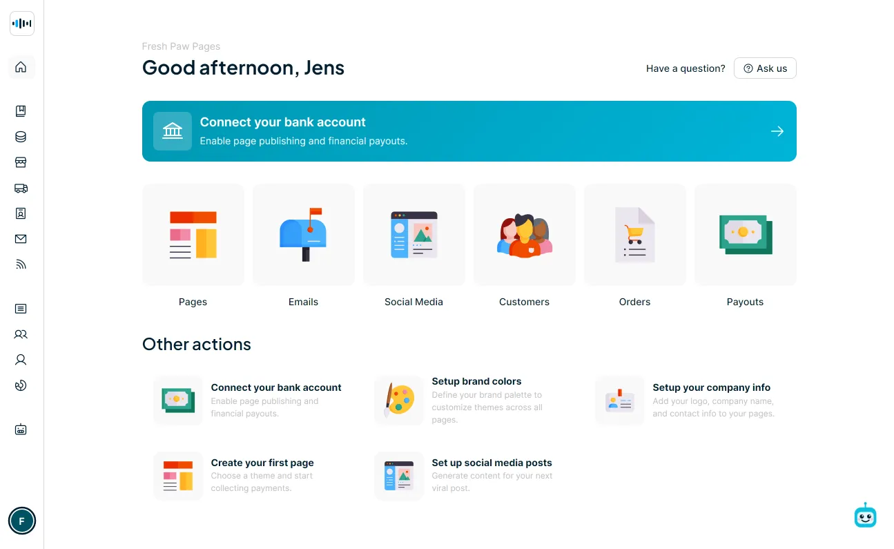 Fresh Paw Pages dashboard interface showing a personalized greeting for user Jens with navigation options for Pages, Emails, Social Media, Customers, Orders, and Payouts, along with a bank account connection prompt and additional setup actions.